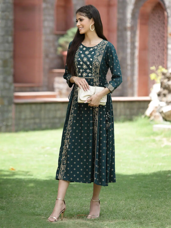 Juniper Bottle Green Rayon Festive Printed Embroidered Flared Dress For Women