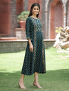 Juniper Bottle Green Rayon Festive Printed Embroidered Flared Dress For Women