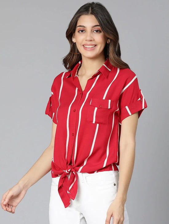 Hot Stripes Red Color Tie-Knot Women Shirt