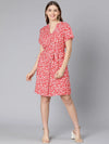 Aglow Red Floral Print Women Tie-Knot Casual Dress