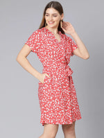 Aglow Red Floral Print Women Tie-Knot Casual Dress