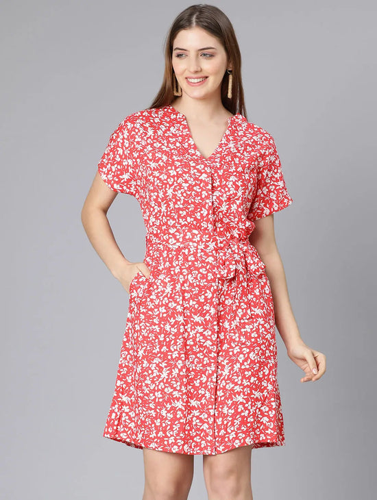 Aglow Red Floral Print Women Tie-Knot Casual Dress