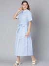 Sky Blue Stripes Print Button-Down Women Dress