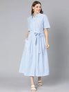 Sky Blue Stripes Print Button-Down Women Dress