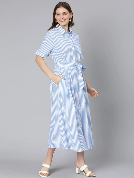 Sky Blue Stripes Print Button-Down Women Dress