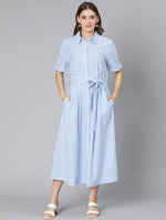 Sky Blue Stripes Print Button-Down Women Dress