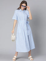 Sky Blue Stripes Print Button-Down Women Dress