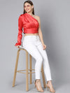 Ruby Red One Off Shoulder Women Satin Crop Top