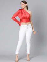 Ruby Red One Off Shoulder Women Satin Crop Top