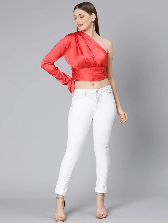 Ruby Red One Off Shoulder Women Satin Crop Top