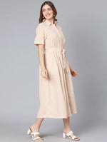 Courtly Mustard Color Stripes Print Women Button-Down Dress