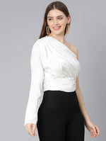 Sizzle White One Off Shoulder Women Satin Crop Top