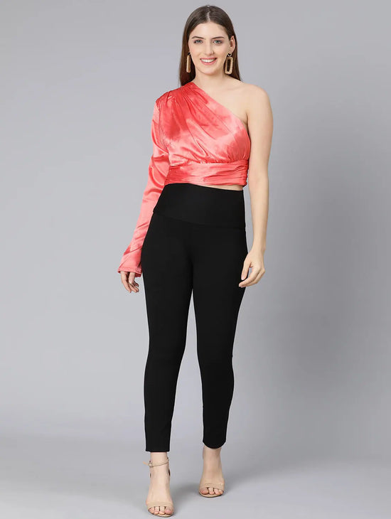 Pestal Coral One Off Shoulder Women Satin Crop Top