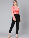 Pestal Coral One Off Shoulder Women Satin Crop Top