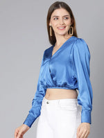 Party Wear Solid Blue Elasticated Women Partywear Satin Crop Top-SS22035WBL003_XL