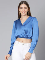 Party Wear Solid Blue Elasticated Women Partywear Satin Crop Top-SS22035WBL003_XL