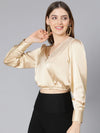 Gliiter Solid Beige Elasticated Women Party Wear Satin Crop Top