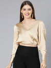 Gliiter Solid Beige Elasticated Women Party Wear Satin Crop Top