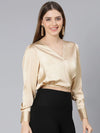 Gliiter Solid Beige Elasticated Women Party Wear Satin Crop Top