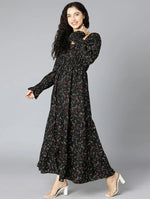 Flared Blck Floral Print Women Long Dress