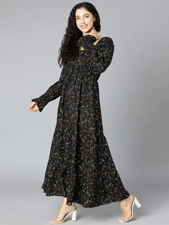 Flared Blck Floral Print Women Long Dress