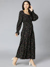 Flared Blck Floral Print Women Long Dress