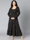 Flared Blck Floral Print Women Long Dress