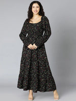 Flared Blck Floral Print Women Long Dress