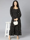 Flared Blck Floral Print Women Long Dress