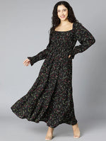 Flared Blck Floral Print Women Long Dress