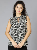 Orza Black Tropical Print Smocking Women Top