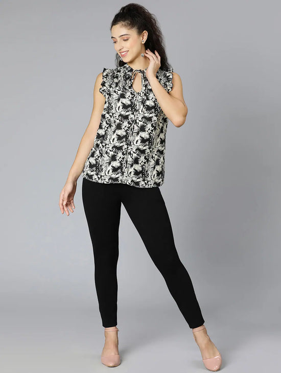 Orza Black Tropical Print Smocking Women Top