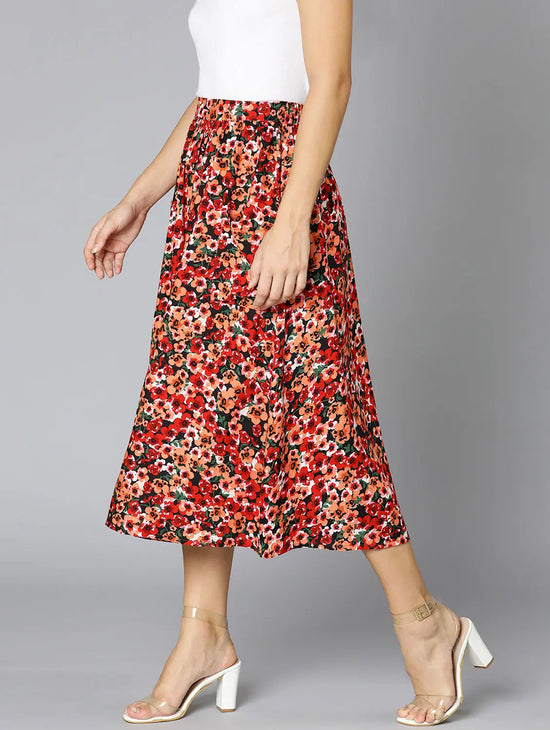 Gagggle Red Floral Print Elasticated Women Skirt