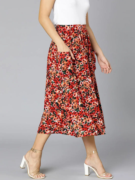 Gagggle Red Floral Print Elasticated Women Skirt