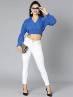 Umro Solid Blue Elasticated Women Crop Top