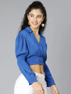 Umro Solid Blue Elasticated Women Crop Top