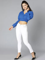 Umro Solid Blue Elasticated Women Crop Top