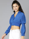 Umro Solid Blue Elasticated Women Crop Top