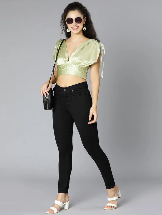 Glamish Green Tie-Knotted Women Party Satin Crop Top