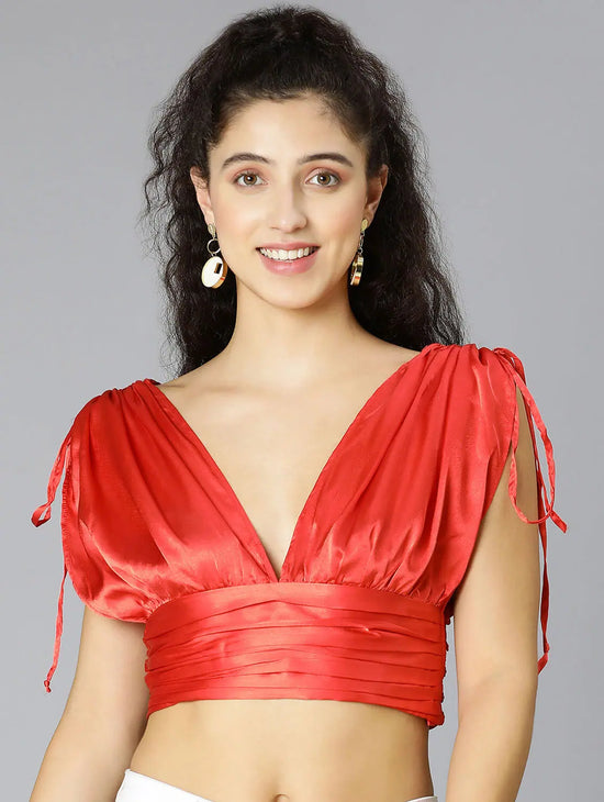 Wacky Red Tie-Knotted Women Party Wear Satin Crop Top