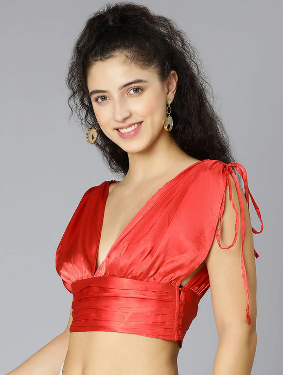 Wacky Red Tie-Knotted Women Party Wear Satin Crop Top