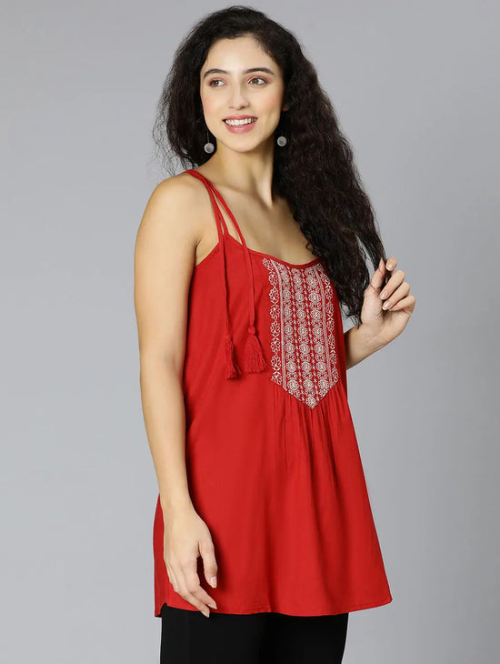 Coral Red Embroidery Women Tuinc