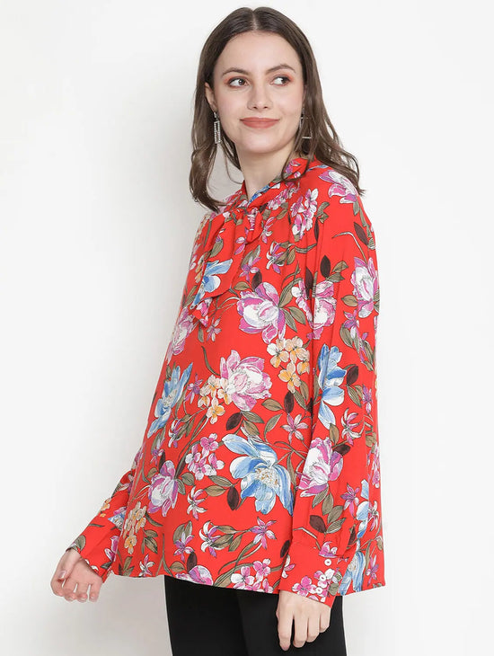 Sassy Red Floral Motif Women Oversized Top