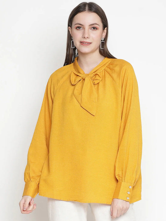 Basked In Sun Solid Linen Tie-Knot Women Top