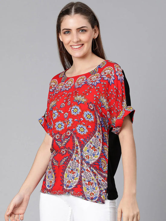 Facil Red Tropical Print Regular Womne Top