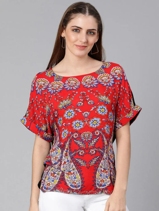 Facil Red Tropical Print Regular Womne Top