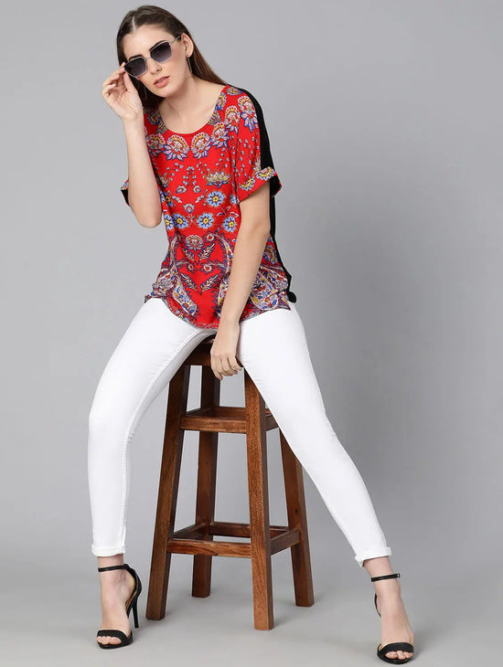 Facil Red Tropical Print Regular Womne Top