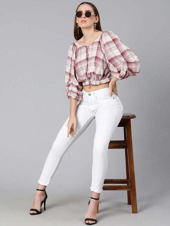 Dora White Check Print Off-Shoulder Women Top