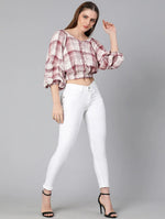 Dora White Check Print Off-Shoulder Women Top