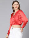 Coral Bright Elasticated Women Party Wear Crop Satin Top